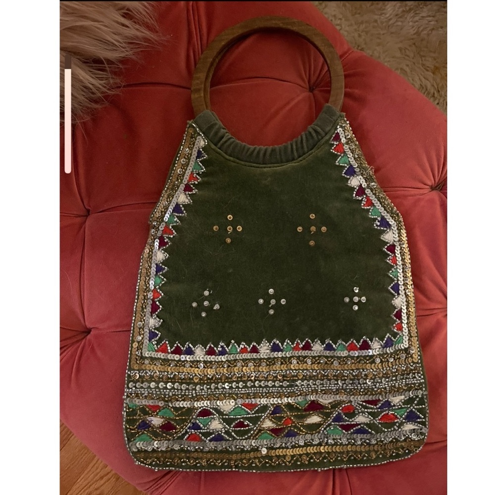 Vintage green velvet beaded exotic bag